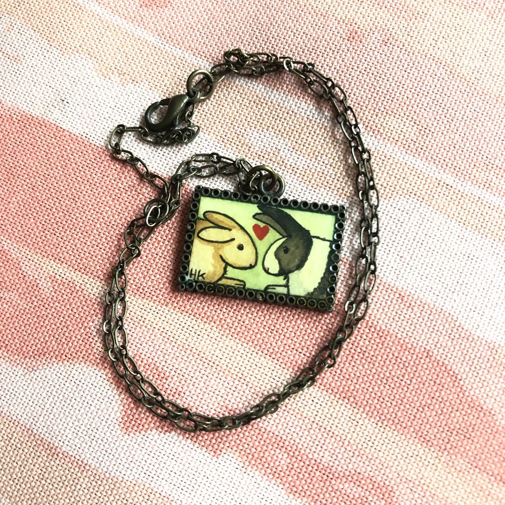 Gorgeous hand-painted bunny love watercolor necklace with resin clear coat